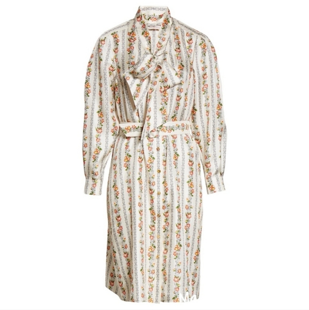 NWT Tory Burch Bow Neck Gemini Link Floral Shirt Dress Silk size 10